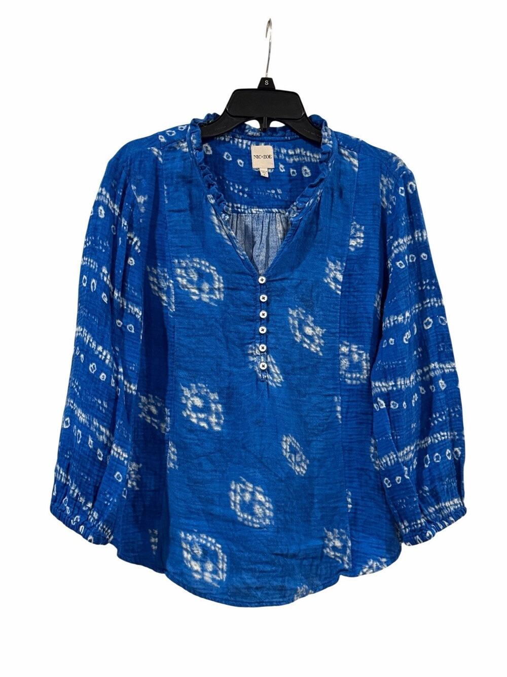 NIC + Zoe Blue Shibori Print Top SZ L Ruffle V-Neck Boho Tie Dye Peasant